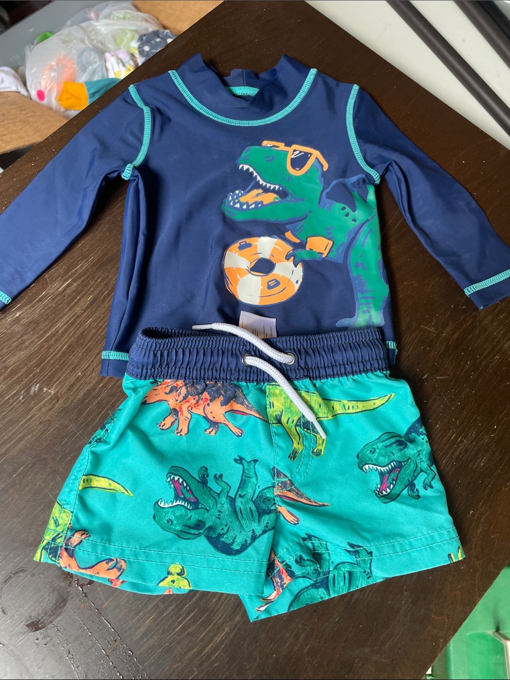 Carter's Navy & Teal Dino Rashguard Swim Set